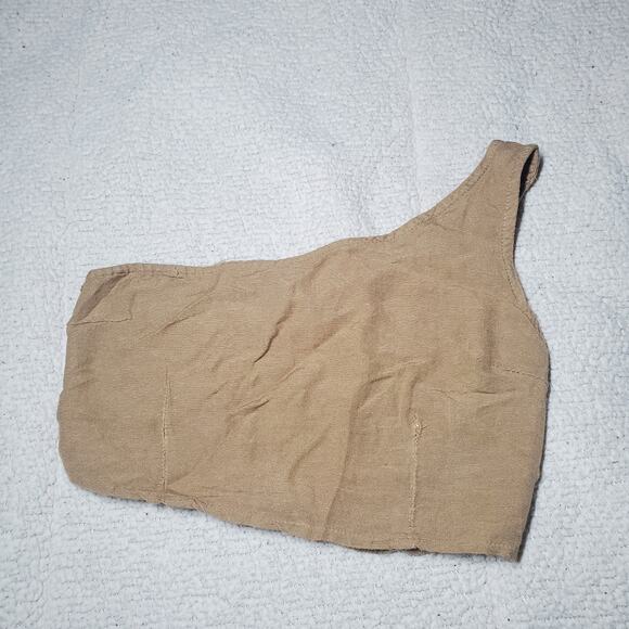 Japna One Shoulder Crop Top Women's Size Medium Tan Beige Rayon Flax Blend - Picture 8 of 8